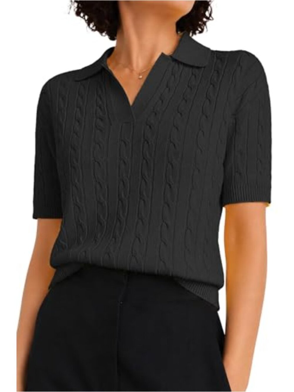 Cable Knit Short Sleeve Sweater V Neck Polo Top Women's
